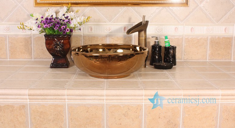 RYXW696-R8005-1 RYXW696 Golden mirror glazed ceramic restaurant wash basin - shengjiang  ceramic  factory   porcelain art hand basin wash sink