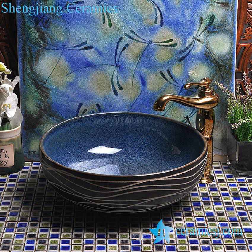 YL-H_7413 YL-H_7413 Wave line outside ocean blue inside round porcelain ceramic cabinet mount sink trough - shengjiang  ceramic  factory   porcelain art hand basin wash sink