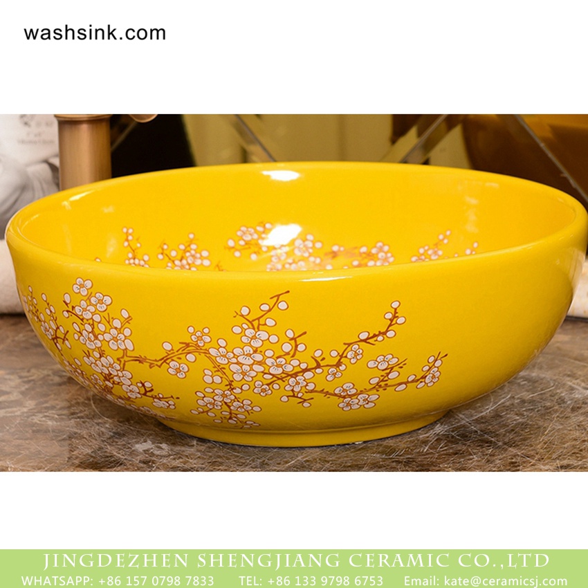 XHTC-X-1063-1 Shengjiang Ceramics Chinese retro style art porcelain countertop wash hand basin beautiful yellow color famille rose with maize yellow golden branch plum blossom graphic pattern XHTC-X-1063-1 - shengjiang  ceramic  factory   porcelain art hand basin wash sink