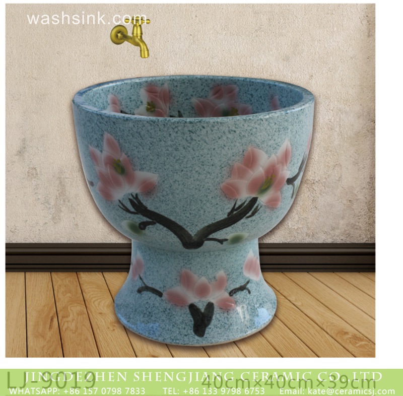 LJ-9019 Jingdezhen new product blue color with beautiful flowers design bathroom mop sink  LJ-9019 - shengjiang  ceramic  factory   porcelain art hand basin wash sink