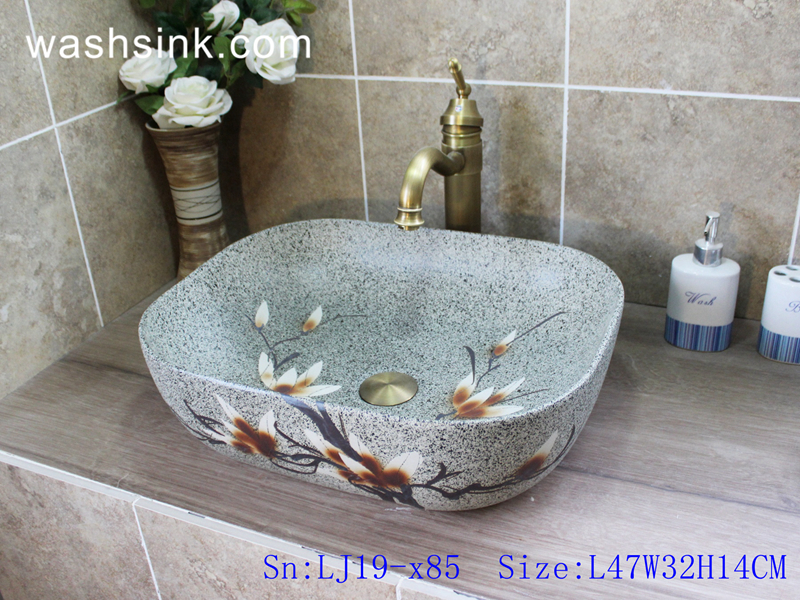 LJ19-x85 LJ19-x85    Marble color ceramic with beautiful flower design wash sink - shengjiang  ceramic  factory   porcelain art hand basin wash sink