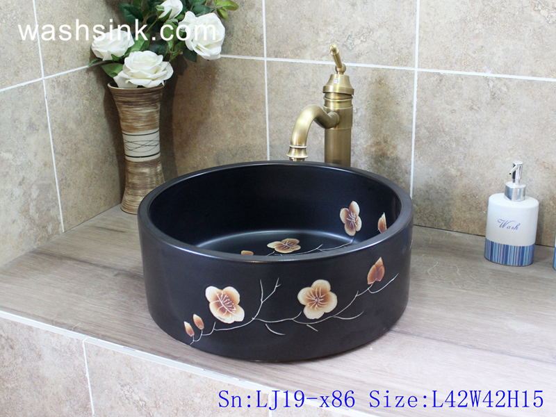 LJ19-x86 LJ19-x86    Cylinder black ceramic with design of characteristic flower wash basin - shengjiang  ceramic  factory   porcelain art hand basin wash sink