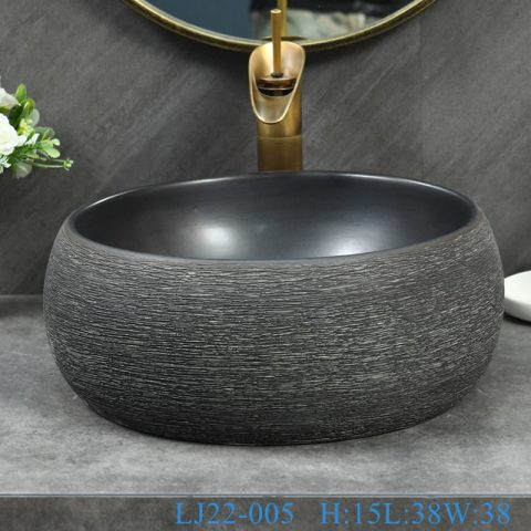 LJ22-005 Ceramic Washbasin  Bathroom Sink Waist drum shape Brown and Black Pattern