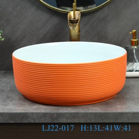 LJ22-017 Stripe lines Hump Orange Color Porcelain Wash Basin Ceramic Counter Top Bathroom Sink