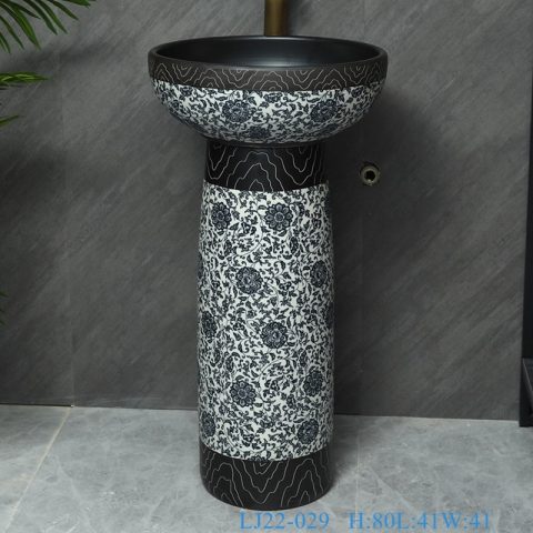 LJ22-029  Ceramic Counter top Hotel Bathroom Floor Stand Sink Wash Basins Black and White Twisted Flower Pattern