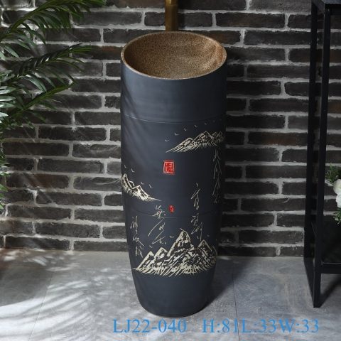 LJ22-040 Jingdezhen Letters Mountain Patterns Ceramic sink bathroom hand wash basin one piece stand basin