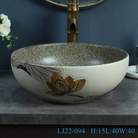 LJ22-094 Hotel Bathroom sink Counter top ceramic Hand wash basin Round shape Lotus Pattern