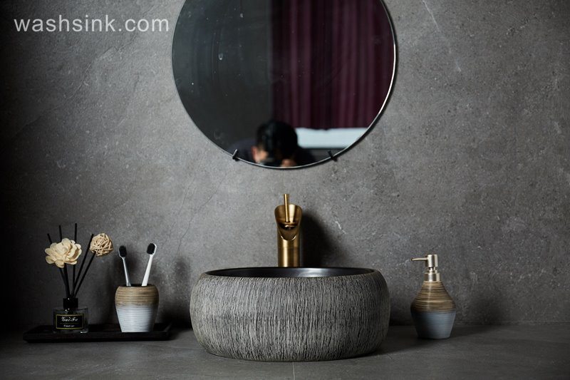 LJ24-009-B-Q0-A8513 LJ24-009  Round drum design grey and black classic ceramic wash basin - shengjiang  ceramic  factory   porcelain art hand basin wash sink