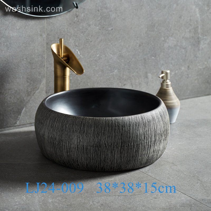 LJ24-009-B-Q0-A8531 LJ24-009  Round drum design grey and black classic ceramic wash basin - shengjiang  ceramic  factory   porcelain art hand basin wash sink