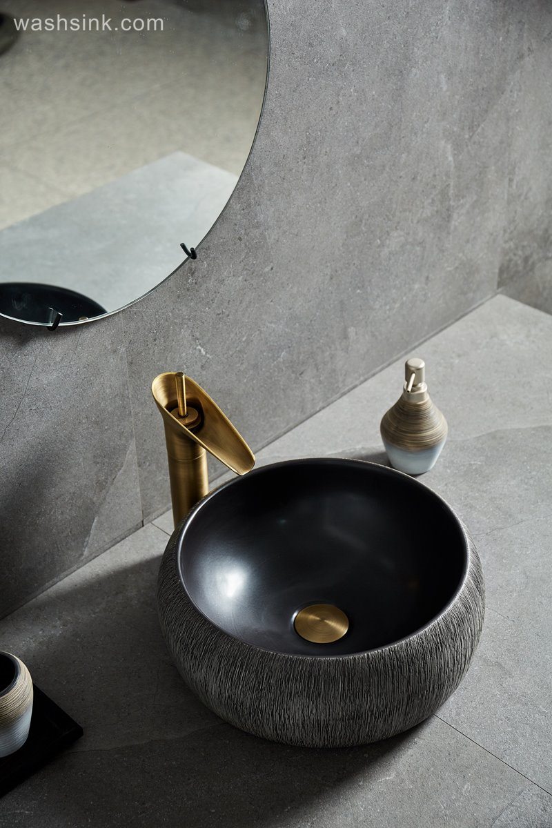 LJ24-009-B-Q0-A8533 LJ24-009  Round drum design grey and black classic ceramic wash basin - shengjiang  ceramic  factory   porcelain art hand basin wash sink