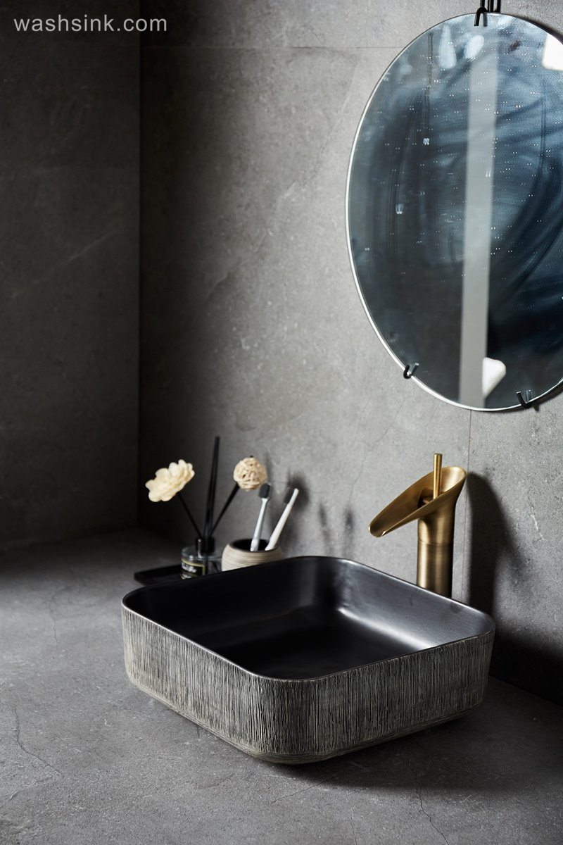 LJ24-020-BQ0A8941 LJ24-0020 Modern simple design black gray square bathroom sink home decoration - shengjiang  ceramic  factory   porcelain art hand basin wash sink