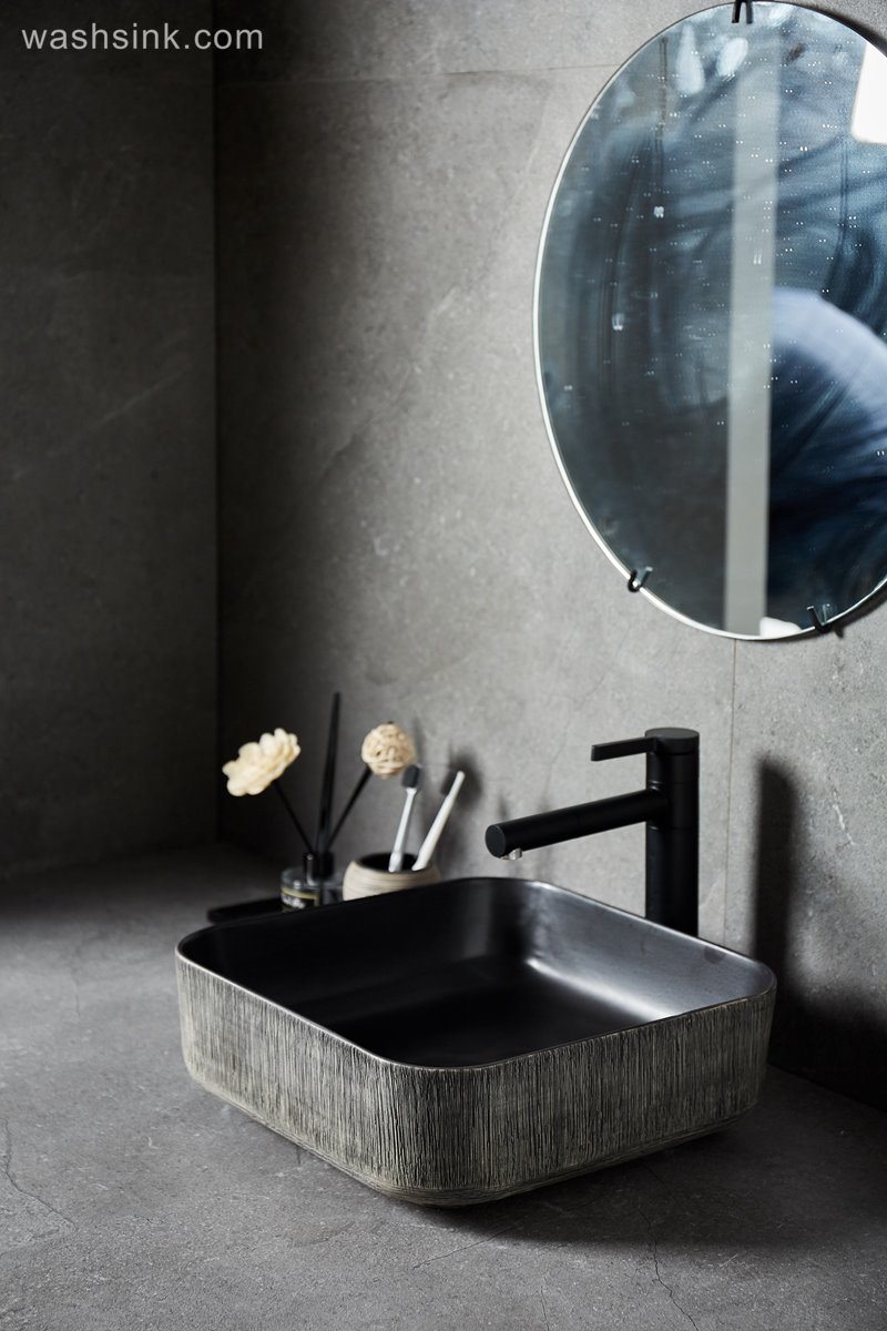 LJ24-020-BQ0A8946 LJ24-0020 Modern simple design black gray square bathroom sink home decoration - shengjiang  ceramic  factory   porcelain art hand basin wash sink