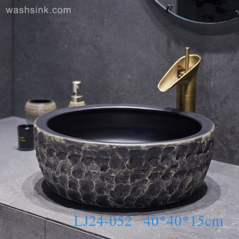 LJ24-0052 Round waist drum black classic unique design bathroom ceramic wash basin