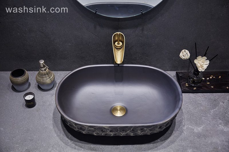 LJ24-055-BQ0A3163 LJ24-0055 Matte Black Oval Bathroom Vessel Sink,Modern Ceramic Porcelain Bath Sink Art Basin - shengjiang  ceramic  factory   porcelain art hand basin wash sink