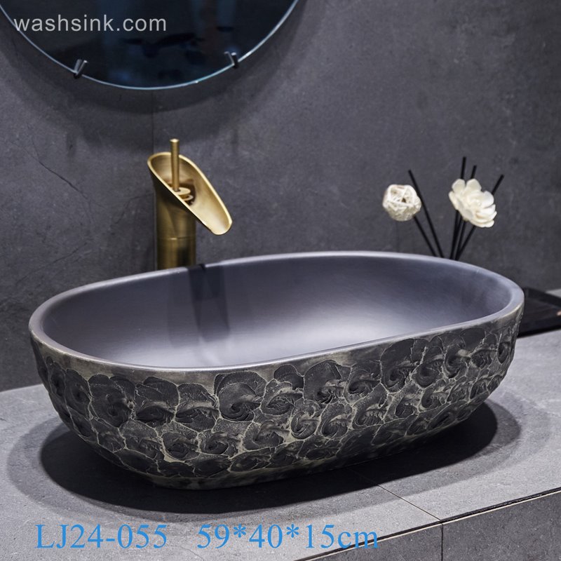LJ24-055-BQ0A3165 LJ24-0055 Matte Black Oval Bathroom Vessel Sink,Modern Ceramic Porcelain Bath Sink Art Basin - shengjiang  ceramic  factory   porcelain art hand basin wash sink