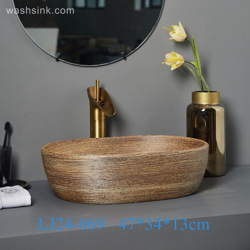 LJ24-069-BQ0A7098 LJ24-0069 Modern creative Oval wood striped ceramic bathroom wash basin - shengjiang  ceramic  factory   porcelain art hand basin wash sink
