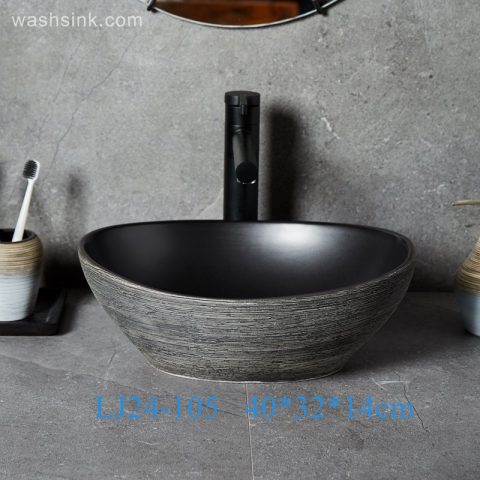 LJ24-00105 Oval Black Ceramic Vessel Sink – Modern Egg Shape Above Counter Bathroom Vanity Bowl