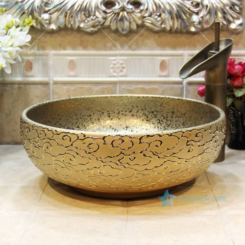 RYXW706 Embossed auspicious clouds surface golden glazed round toilet wash hand sink basin