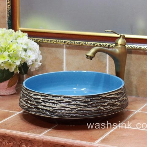 TPAA-054 blue sky color inside carved grey mountains design pottery sink bowl