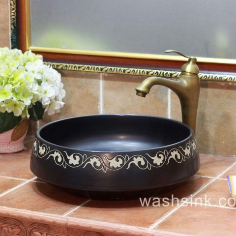 TPAA-056 Hand carving garland pattern black stainless ceramic utility sink bowl