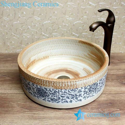 YL-E-2 Ripple engraving pottery style counter top round wash basin sink vaintiy