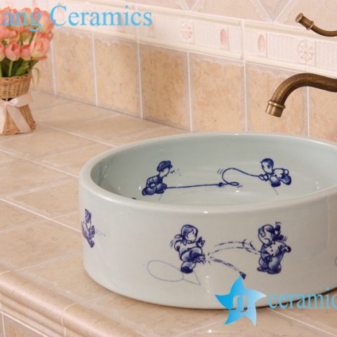 YL-E_7054 Chinese style blue and white cute round porcelain sink basin bowl for bathroom