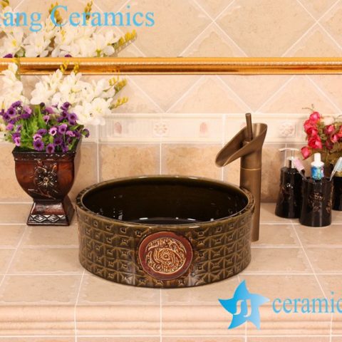 YL-G_5382 Solid color glazed unique engraving round vanity above ceramic sink for bathroom outdoor kitchen hotel