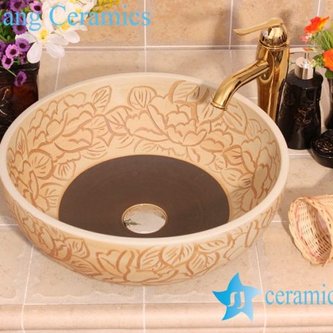 YL-G_6671 Fancy matt finished hand carving lotus flower design ceramic sink basin