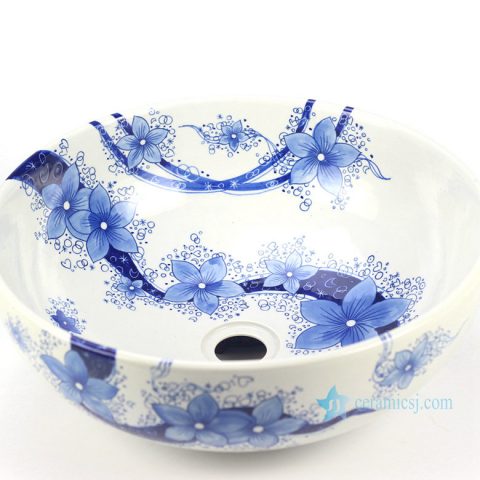 YL-TP Blue and white floral pattern bathroom ceramic counter top round wash basin sink