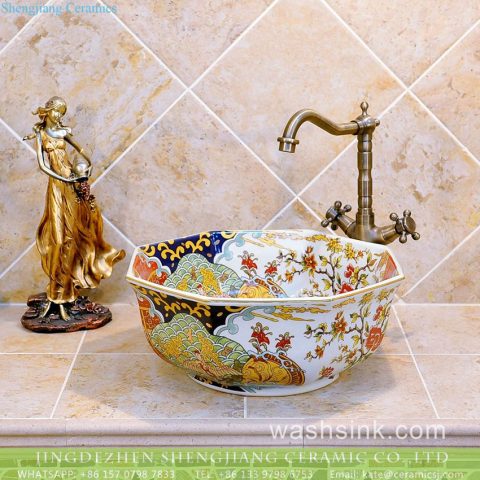 TXT09A-5 Fashionable Jingdezhen China octagonal hand made floral porcelain bathroom sanitary ware