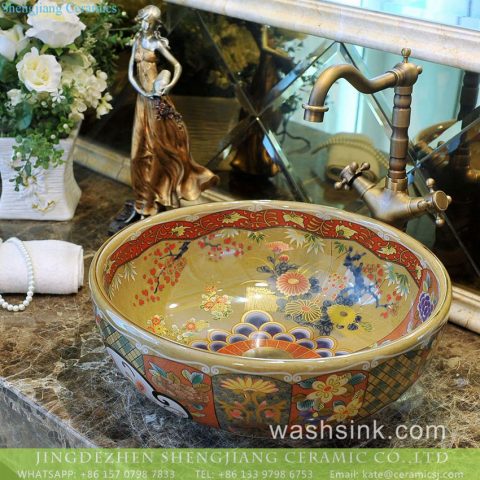 Shengjiang Ceramics supply Indonesia style gorgeous round old fashioned wash bowl with shinny golden chrysanthemum pattern on wall and surface TXT179-3