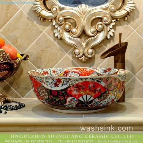 TXT17A-4 Factory price Jingdezhen hand made floral fan pattern enamel wash basin wholesale