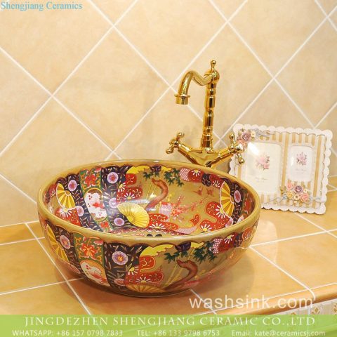 Jingdezhen produce local wholesale price Japanese retro quaint royal court style round gorgeous porcelain enamel art lavabo with various floral pattern TXT33B-3