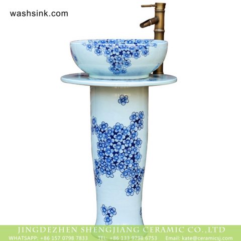 Gorgeous Chinese vintage fresh style home decoration art ceramic column basin bowl set with blue-and-white floral printing on white glaze XHTC-L-3007