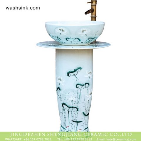 Jingdezhen made customized elegant beautiful arts and crafts Chinese ink painting style one-piece sink with delicate lotus pattern on light blue wall and surface XHTC-L-3016