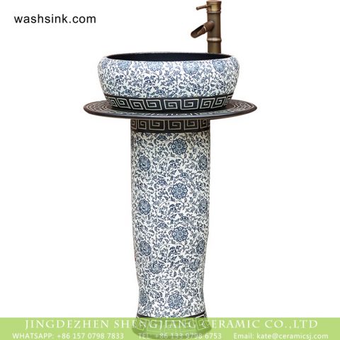 Jingdezhen factory price China vintage arts and crafts ceramic pedestal lavabo with black wall and under glaze blue-and -white floral pattern on surface XHTC-L-3026