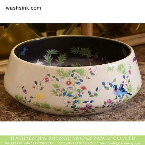 Jingdezhen factory direct bird flower series Japanese quaint style round gorgeous vanity sink with floral and bird pattern printing on black glaze wall and white glaze surface XHTC-X-1045-1