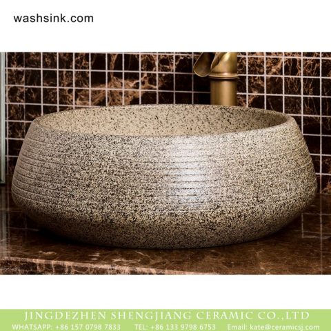 Shengjiang Ceramics factory direct Original vintage country style drum shape ceramic bathroom design vessel sink imitating marble with regular carved striations on surface XHTC-X-1049-1