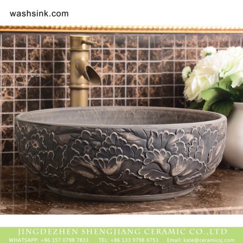 Jingdezhen Shengjiang Ceramics hot sales Chinese European antique style special art design round fascinating ceramic wash basin deep gray color with beautiful hand carved floral pattern on surface XHTC-X-1092-1