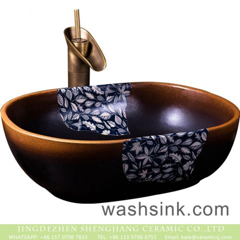 Jingdezhen hot new products Japanese style original design retro lavabo with gradient dark golden color and blue-and-white leave pattern XXDD-21-4