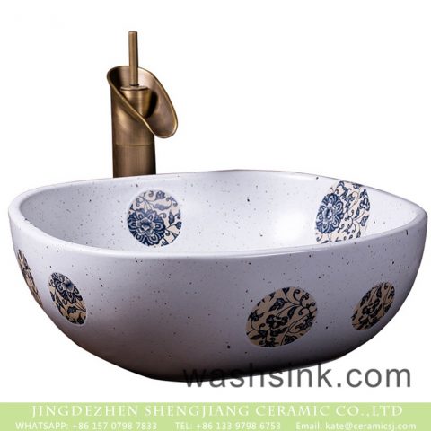 Chinese art retro original domestic bathroom porcelain foursquare countertop hand wash basin white color with round blue-and-white floral pattern and spots XXDD-35-2