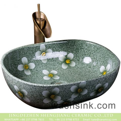 Jingdezhen elegant American simple style art oval ceramic bathroom table top sink with under glaze floral patterns on forest green color wall and surface XXDD-43-4