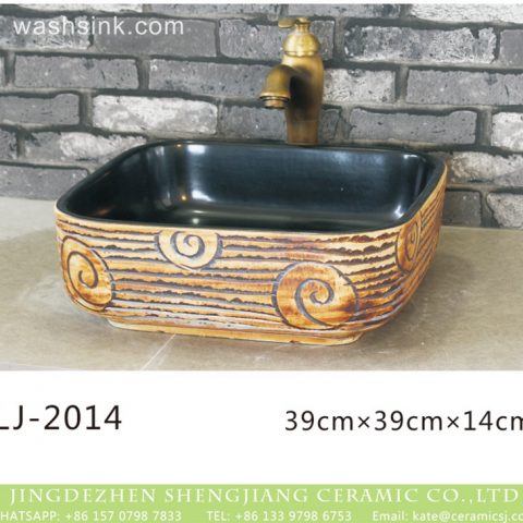 Shengjiang factory unique design smooth black wall and hand carved pattern wood surface wash hand basin  LJ-2014