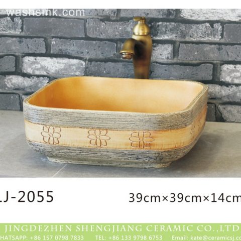 Chinese art counter top wood surface with hand carved flowers pattern toilet basin  LJ-2055