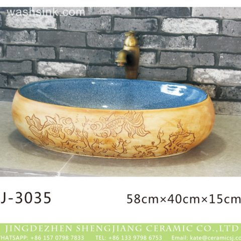 Jingdezhen factory direct light blue wall and hand carved flowers pattern wood surface wash sink  LJ-3035