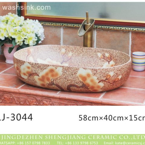 China traditional oval brown color ceramic with flowers printing wash sink  LJ-3044