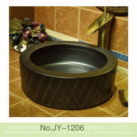 Popular sale item black plain color porcelain and hand carved diamond pattern surface sinks    SJJY-1206-28