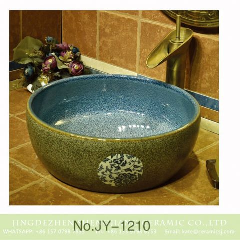 China online sale blue color smooth ceramic inside and marble with flower pattern surface wash sink    SJJY-1210-28