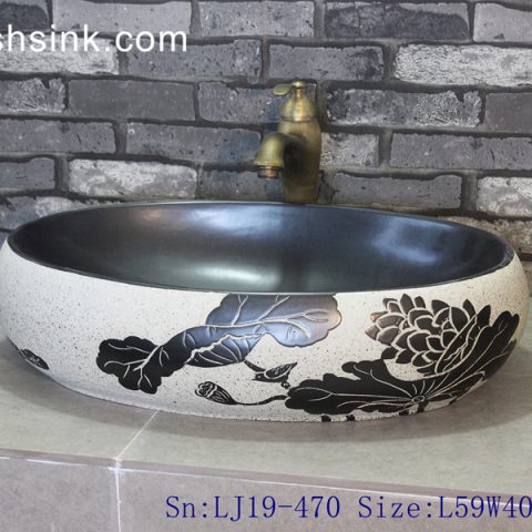 LJ19-470    Hand craft black lotus design ceramic art sink