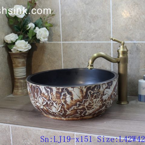 LJ19-x151     Black inside carved flower design ceramic wash sink